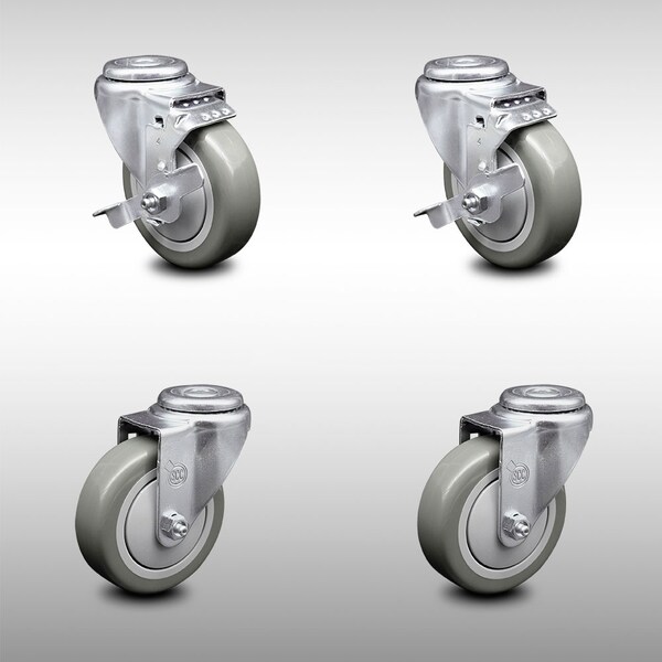 4 Inch SS Gray Polyurethane Wheel Swivel Bolt Hole Caster Set with 2 Brake SCC
